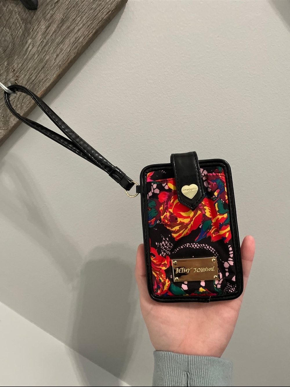 Betsey Johnson Black Floral Wristlet Card Case with Multicolor Roses